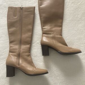 Karen Scott, tan leather knee-high boots, block heel & side zipper closure. Sz 7